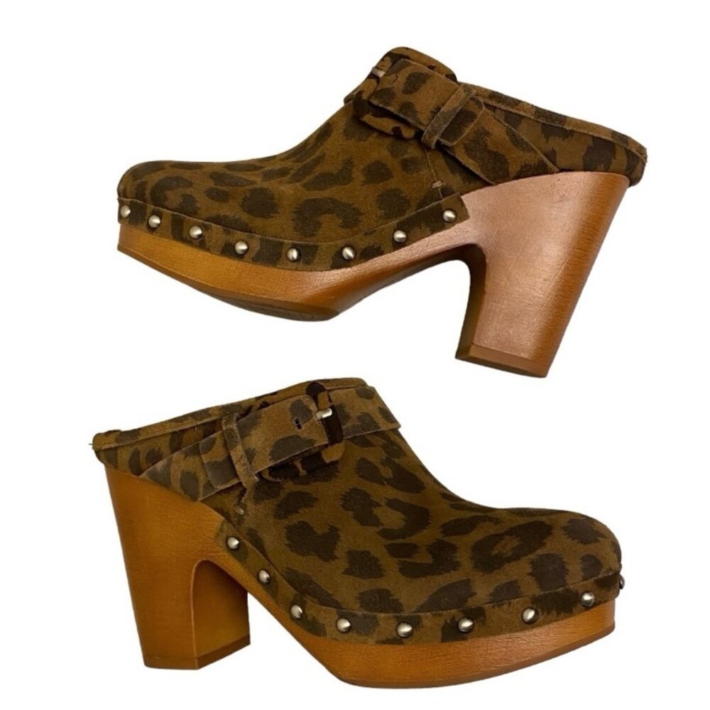 Vince Camuto Brown Leopard Print Suede Heeled Clogs